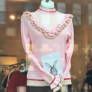 Moelleux Pink Ruffle Long Sleeve Ribbed Knit Sweater Women’s Large Metal…